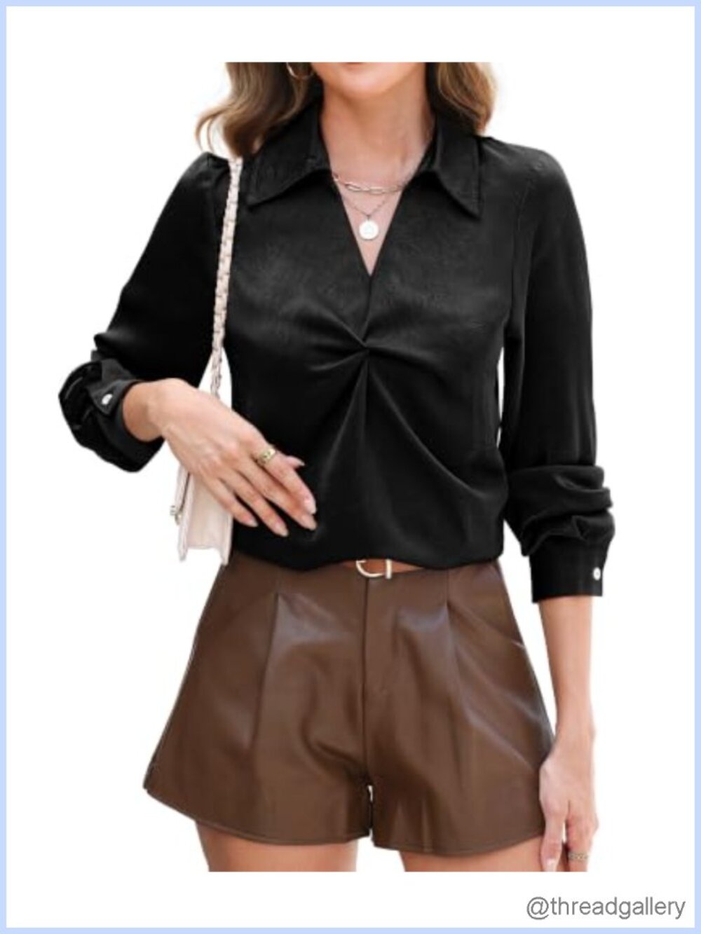 Satin Silk Longsleeve V-Neck Blouse Business Work Top